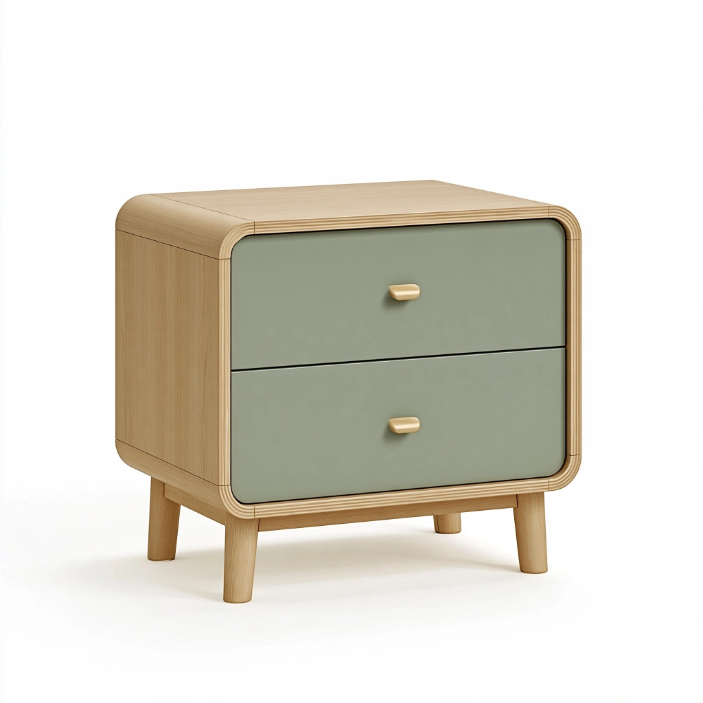 Nachtkommode 60 x 40 x 60 cm in Naturholz und Salbeigrün mit 2 Schubladen im modernen Stil