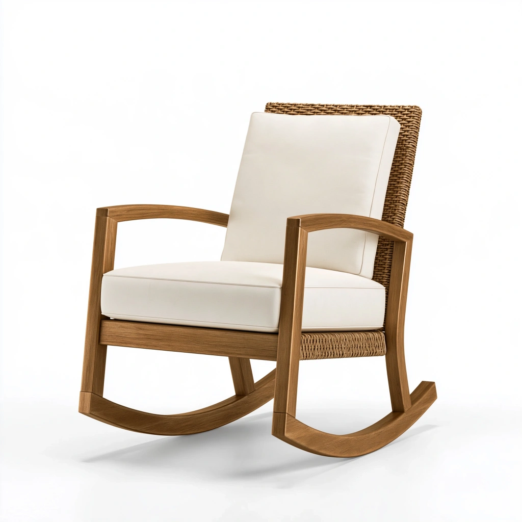 Schaukelstuhl 70 x 95 x 100 cm aus Holz und Rattan in Naturweiß mit Polsterung