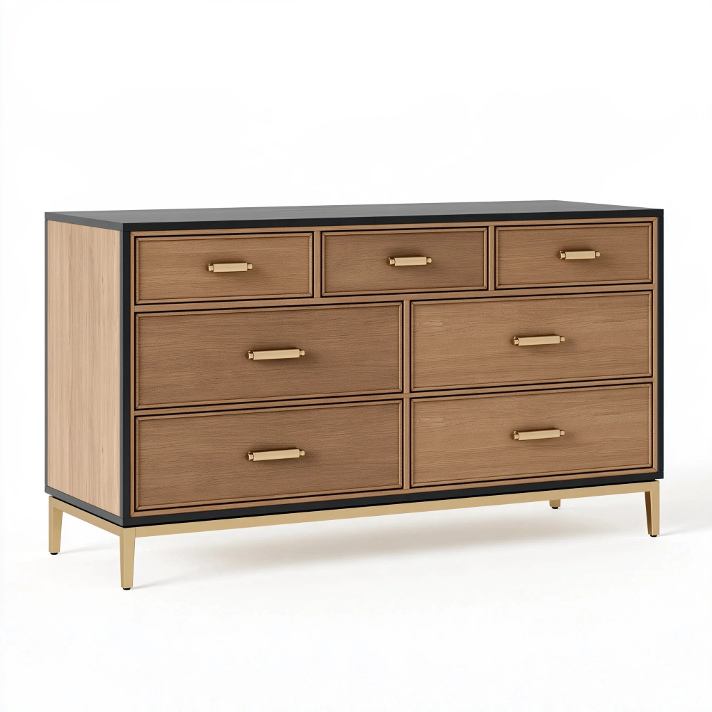 Kommode 160 x 45 x 90 cm Holzoptik Braun mit 7 Schubladen und Metallgestell