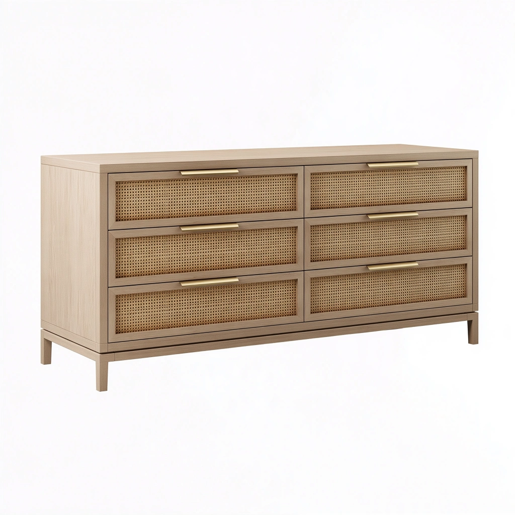 Kommode 160 x 45 x 80 cm Holzoptik Natur mit Rattanfronten und 6 Schubladen