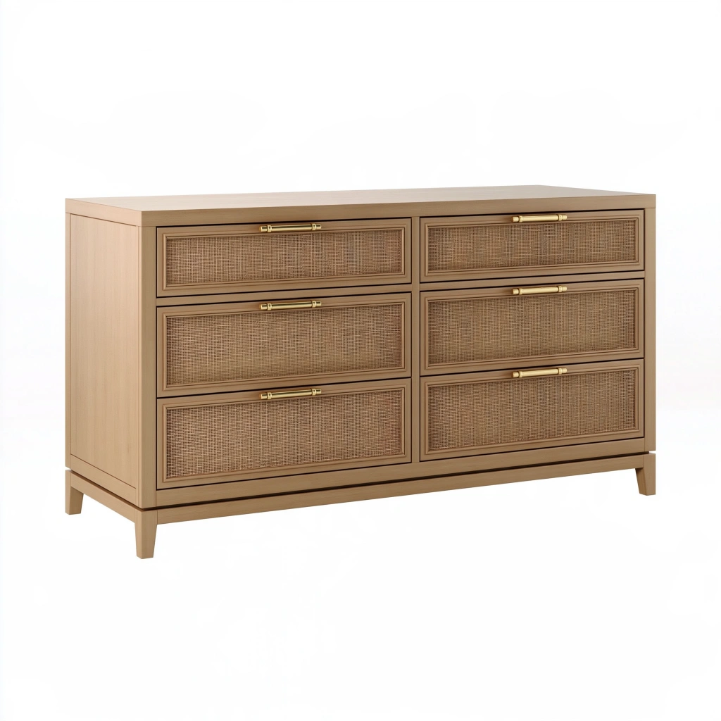 Kommode 150 x 45 x 85 cm in Naturholz mit Rattangeflecht - 6 Schubladen