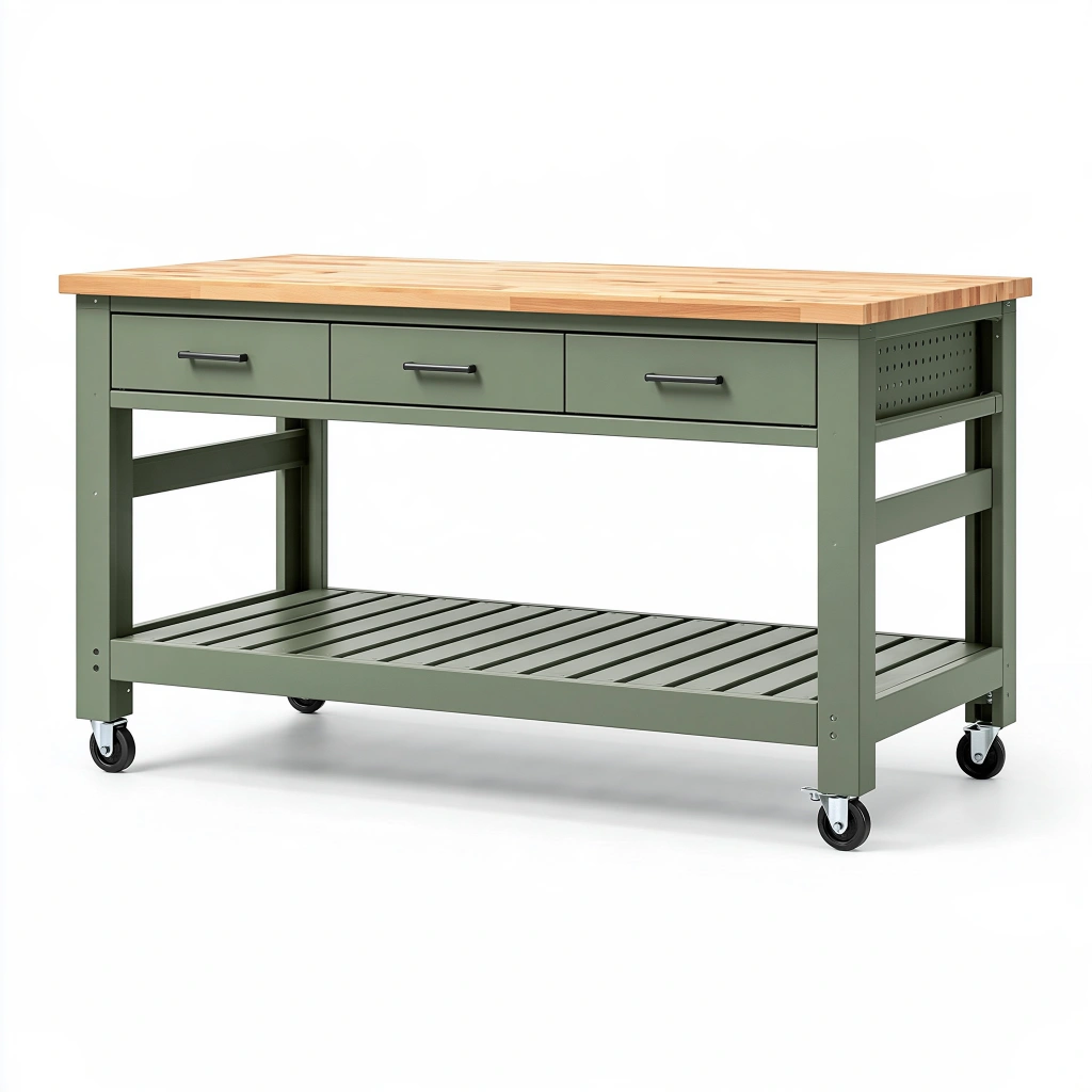 Werkbank 122 x 61 x 91 cm aus Metall und Holz in Grün rollbar mit 3 Schubladen