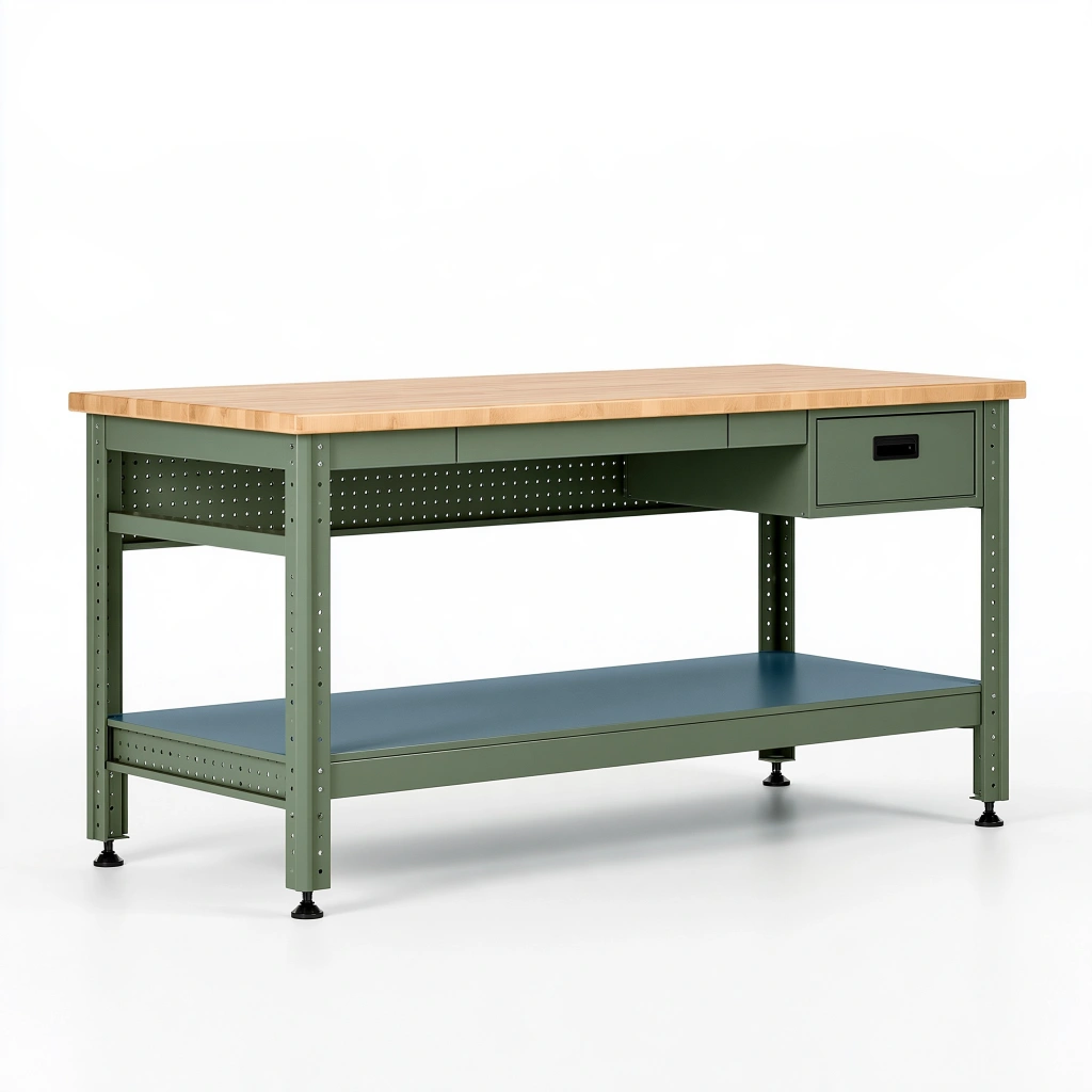 Werkbank 160 x 60 x 90 cm aus Stahl und Bambus Grün mit Schublade und Ablageboden